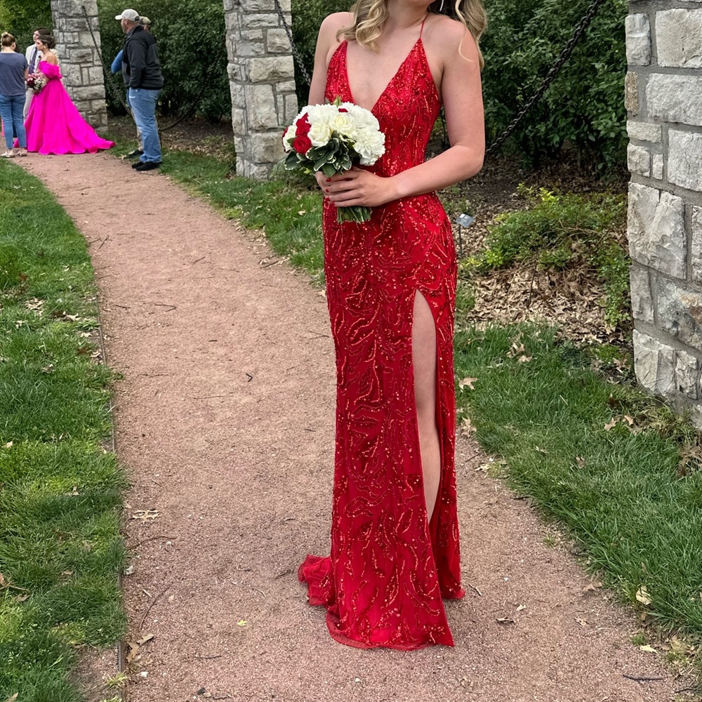 Primavera Couture Red Sequin Prom Dress